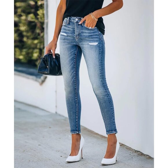 Women's Ripped Skinny Jeans Stretch Denim Pants Light Distressed Medium Wash - Picture 2 of 5